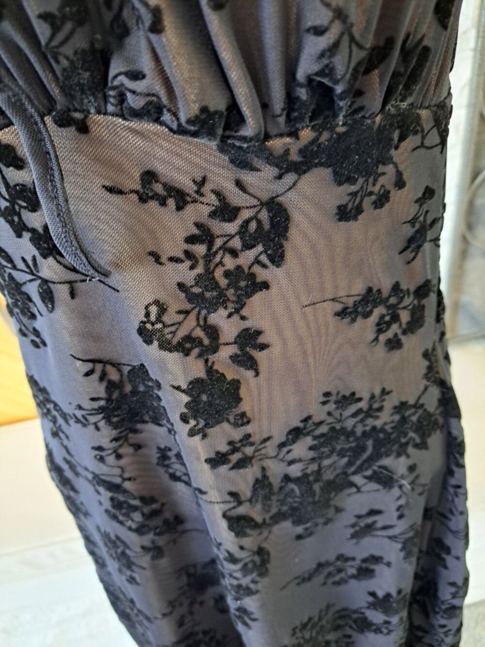 Y2K Velvet Burnout Milkmaid Floral Black Mini Dress  Adjustable Ruffle Medium - Picture 4 of 10